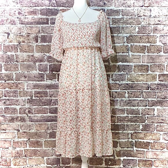 TEMOFON FLORAL SMOCKED SQUARE NECK BUBBLE SLEEVE TIERED MIDI DRESS MEDIUM - Picture 2 of 11